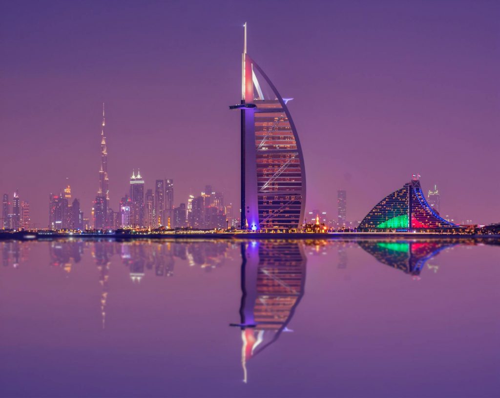Luxury hotel in Dubai at night.