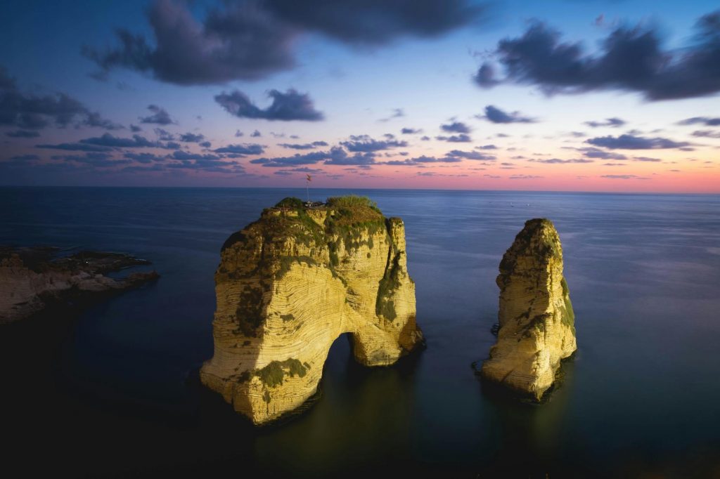 Pigeon Rocks in Beirut at night.