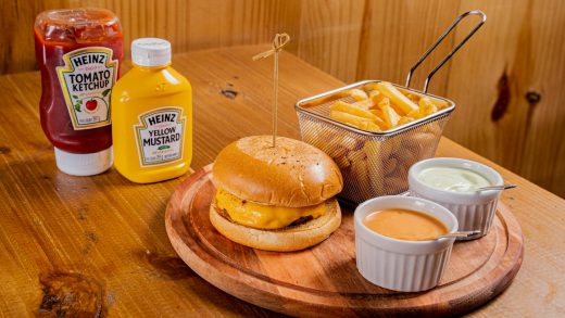 french fries with a burger dips ketchup and mustard