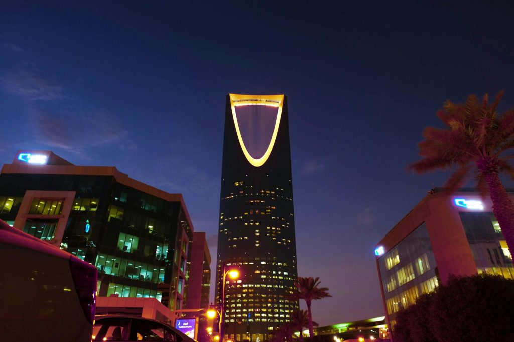 view of illuminated kingdom centre riyadh saudi arabia